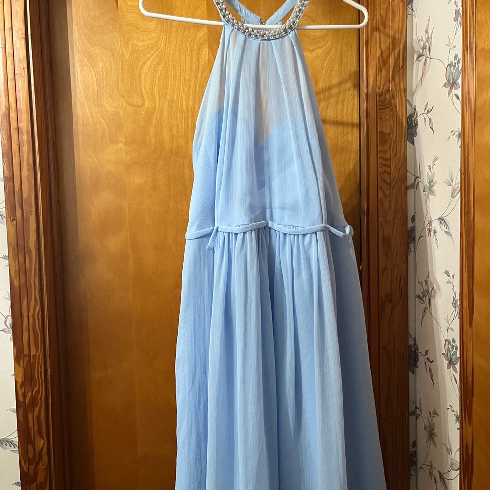 Powder blue tea length dress. Halter neck with pearl details, worn once!